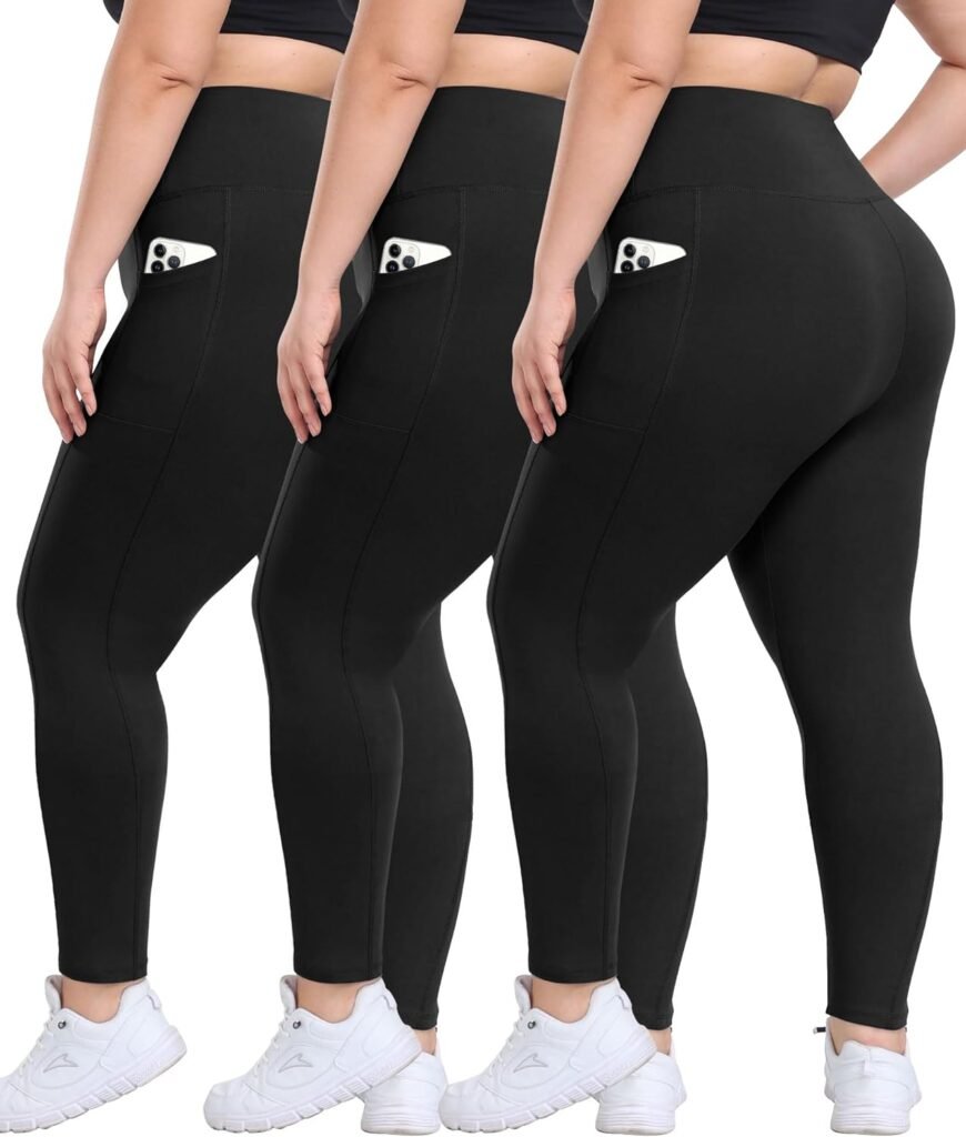 3 Pack Plus Size Leggings with Pockets for Women - High Waisted Tummy Control Spandex Soft Black Workout Yoga Pants