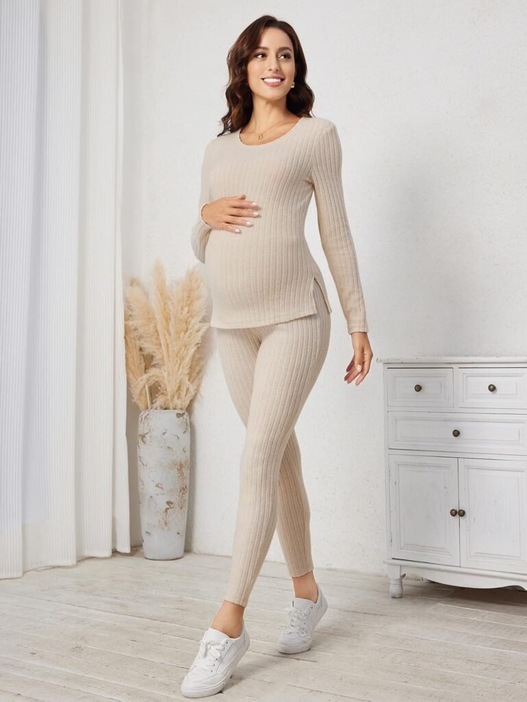 SOLY HUX Womens Maternity Sets 2 piece Outfits Long Sleeve Split Hem Top and Adjustable Elastic Waist Pants