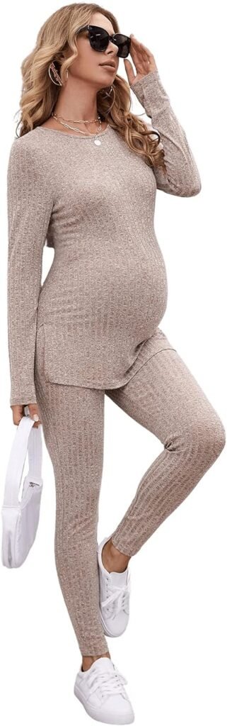 SOLY HUX Womens Maternity Sets 2 piece Outfits Long Sleeve Split Hem Top and Adjustable Elastic Waist Pants