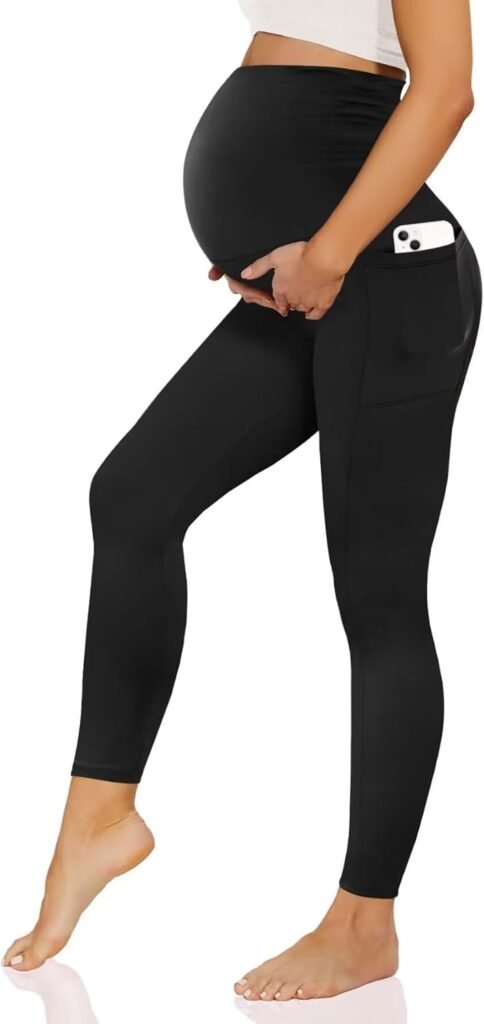 Happy.angel 1/2 Pack Maternity Leggings with Pockets Over The Belly, Womens Black Workout Yoga Pregnancy Pants